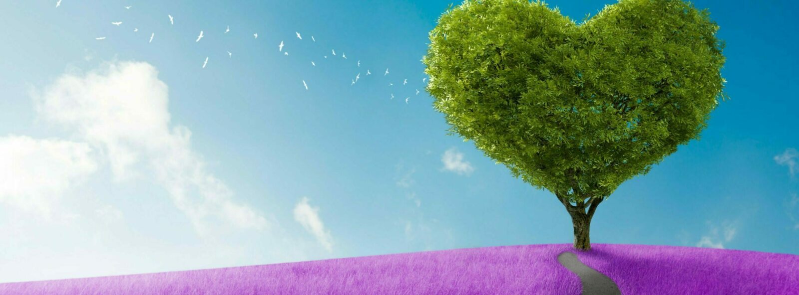 Herzförmiger Baum auf violettem Feld unter blauem Himmel mit Wolken und fliegenden Vögeln